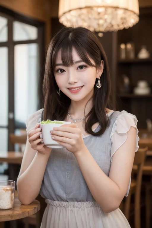  Inhaling Eyes , cute double ,  mysterious woman enjoying chiffon cake at cafe,  inside a calm cafe , Light colored medium hair, hairpin,  clothes chosen for a date , Talented , Kind personality,  woman who is very particular about the details ,  detailed ...