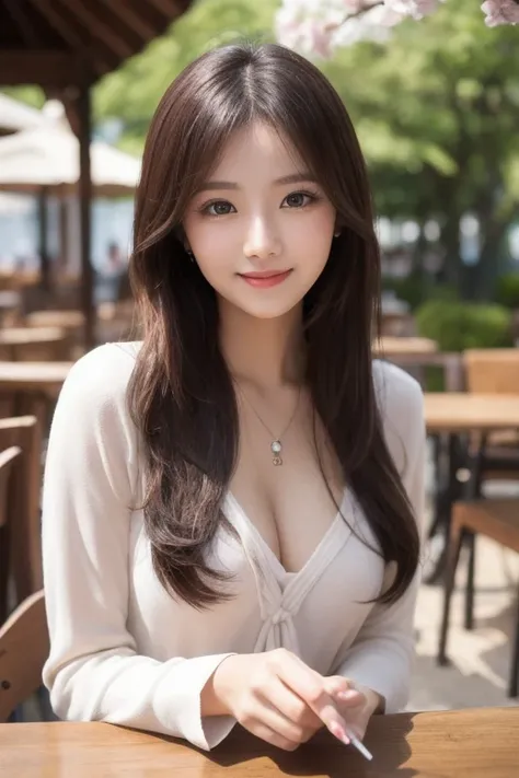  Inhaling Eyes , cute double ,  mysterious woman enjoying chiffon cake at cafe,  inside a calm cafe , Light colored medium hair, hairpin,  clothes chosen for a date , Talented , Kind personality,  woman who is very particular about the details ,  detailed ...