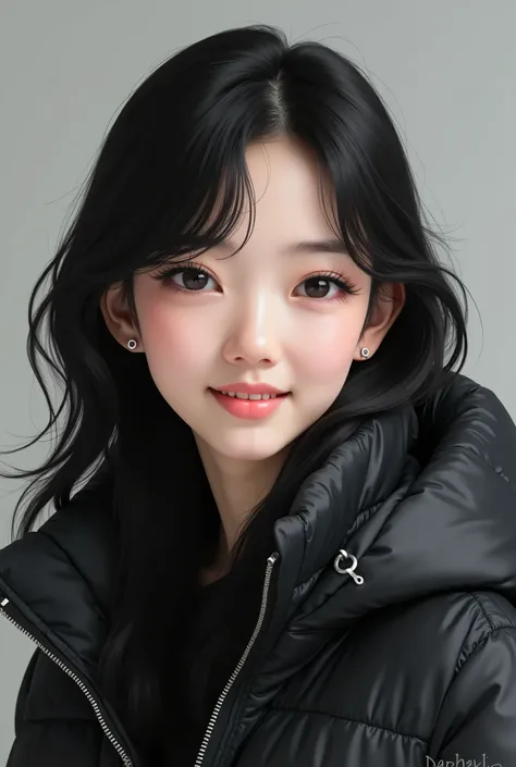 Japanese girl 、 black hair、 Hairstyle shortcuts、ウェーブヘア、、Ear piercing、黒い down jacket、smile、 beautiful alignment of teeth、 trainer、 upper body、 Neutral Backgrounds 、 frontal angle

