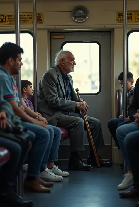  generates the interior image of a Sarmiento train car ,  line from the Buenos Aires suburb ,  whose seats are arranged two by two one behind the other ,   all passengers are seated occupying all the seats,  except for two standing :  an 89-year-old man , ...