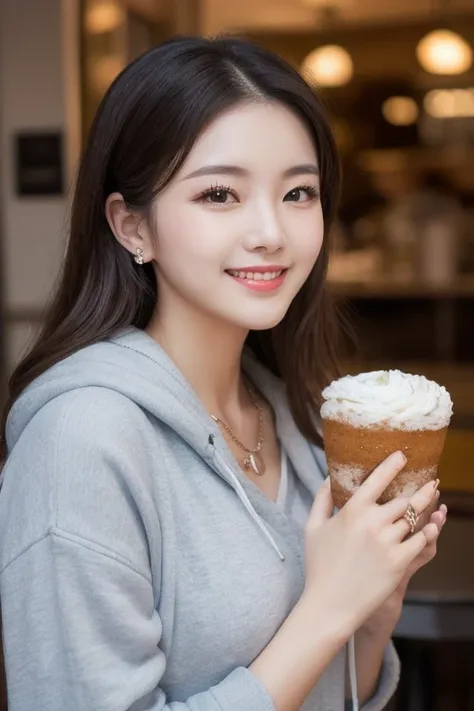  Inhaling Eyes , cute double ,  mysterious woman enjoying chiffon cake at cafe,  inside a calm cafe , Light colored medium hair, hairpin,  clothes chosen for a date , Talented , Kind personality,  woman who is very particular about the details ,  detailed ...