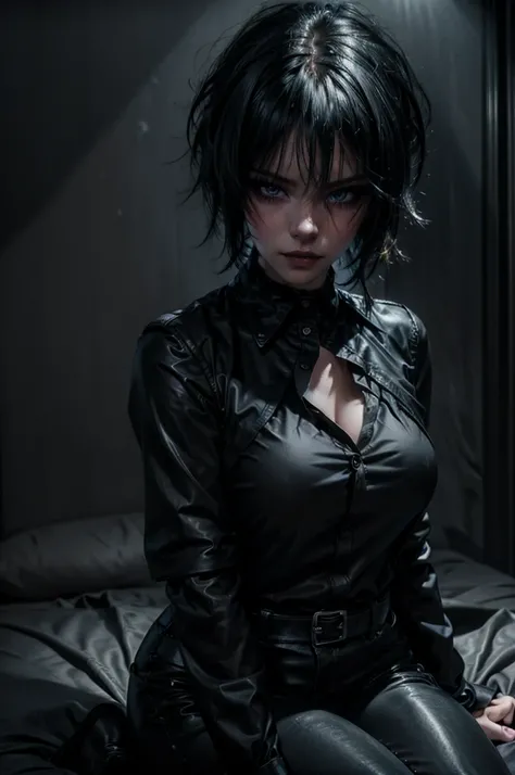 a cute goth girl with short black emo_hairstyle, ((massively undersized and tight unbuttoned black silk blouse)), black leather pants, wide leather collar, bare feet, smokey dark eyeshadow, dark eyeliner, heavy mascara, cleavage, large breast, (best qualit...