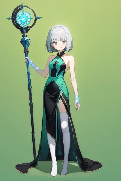 (green background:1.3), No wind, character sprite, (wide shot::0.7), Break, 
1 girl, (cute face), Neat, cool Look, light smile, 18 years old, , 160 cm tall,, (porcelain skin), Standing, feet out of frame, Silvery medium hair,  medium Bob, gray eyes, small ...