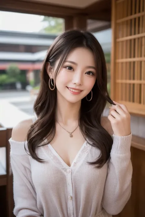  Inhaling Eyes , cute double ,  mysterious woman enjoying chiffon cake at cafe,  inside a calm cafe , Light colored medium hair, hairpin,  clothes chosen for a date , Talented , Kind personality,  woman who is very particular about the details ,  detailed ...