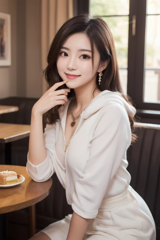  Inhaling Eyes , cute double ,  mysterious woman enjoying chiffon cake at cafe,  inside a calm cafe , Light colored medium hair, hairpin,  clothes chosen for a date , Talented , Kind personality,  woman who is very particular about the details ,  detailed ...