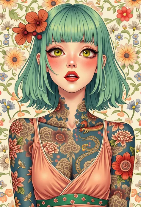 A mesmerizing surreal illustration of a young japanese woman. She has pastel green hair with blunt bangs, yellow eyes, and wears a vibrant pastel colored outfit adorned with intricate floral patterns. Freckles dot her smooth, warm complexion, and bold, col...