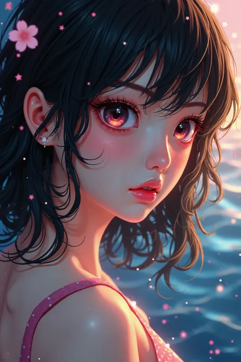 (Japanese girl:1.3), beautiful detailed eyes, beautiful detailed lips, extremely detailed eyes and face, long eyelashes, upper body, from side, looking at viewer, (fractal art:1.3), (black hair), water, liquid, colorful, starry, stars, (best quality, 4k, 8...