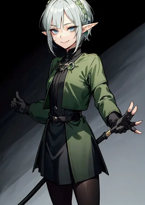 Black background with spotlight 、（Green clothing、Rinwell style braided silver short hair,  pointed ears、Elf、 blue eyes、 Rough Outfit 、 long lashes,　 black tights 、smile、Mr.々Expression、 has a cane）