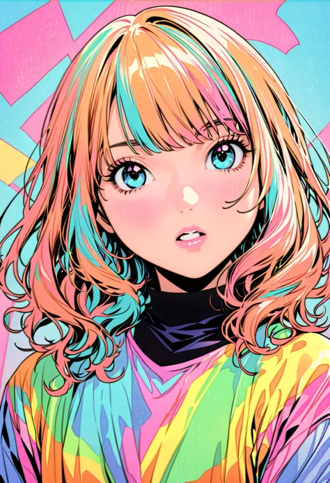 ( top quality:1.2,  City Pop Style ,  very detailed, Latest,  vibrant,  High Contrast ,   masterpieces during breakfast :1.2,  top quality,  best aesthetics),  girl, ((Upshot of a face that seduces:1.4)),  colorful hair,  bob cut ,  pastel colors,  1980s S...