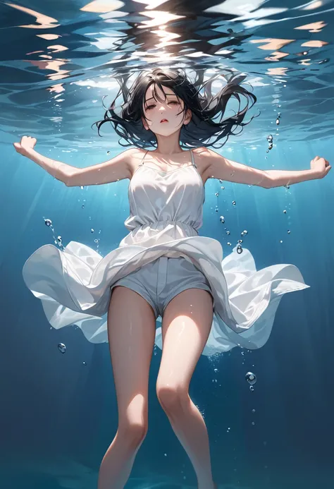 Ultra-realism

drowning woman
submerged in water
small basted
arms are down
black hair
white camisole
bare leg