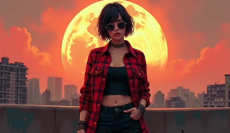 Create an artistic arafed of a female korean rocker styled in the same outfit as the reference photo: a red plaid button-up shirt over a black undershirt, paired with black pants. The rocker should have a rugged and edgy vibe, with short tousled hair, a le...