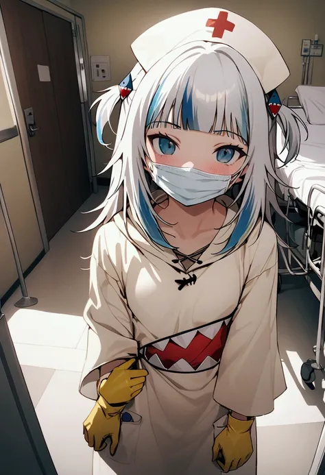 Nurse, at hospital, full length photo, Horny 1 girl, gawr gura, wearing white medical coverall , yellow high boots , yellow long gloves, face mask, with a hood from a coverall 