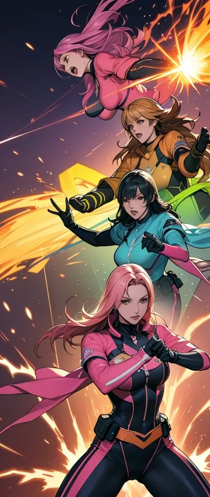 A brave and daring image of the six-woman Ranger team, Each is decorated with the following vibrant colors:: neon pink, Sunset Orange, Fire engine red, plasma violet, Fluorescent Green, shocking yellow. A dynamic pose with a background that oozes energy an...