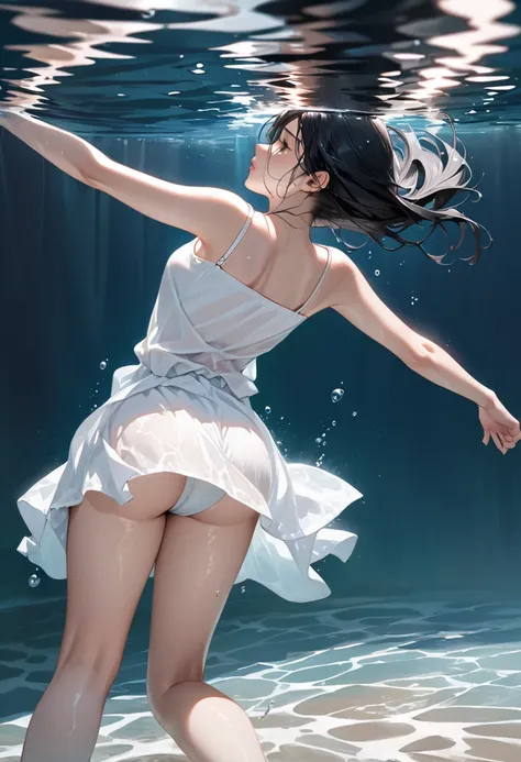 Ultra-realism

drowning woman
submerged in water
small basted
arms are down
arch her back
black hair
white camisole
bare leg