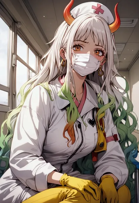 Nurse, at hospital, full length photo, Horny 1 girl, yamato, one piece, wearing white medical coverall , yellow high boots , yellow long gloves, face mask, with a hood from a coverall 