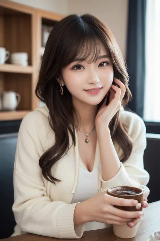  Inhaling Eyes , cute double ,  mysterious woman enjoying chiffon cake at cafe,  inside a calm cafe , Light colored medium hair, hairpin,  clothes chosen for a date , Talented , Kind personality,  woman who is very particular about the details ,  detailed ...