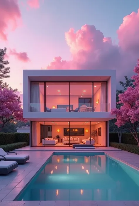 "Create an image of a modern, soft pink, two-story house with a futuristic and mystical vibe. The house features large floor-to-ceiling glass windows and an open balcony on the second floor. Include sleek, minimalistic furniture on the patio near a luxurio...