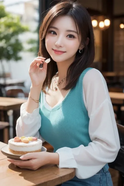  Inhaling Eyes , cute double ,  mysterious woman enjoying chiffon cake at cafe,  inside a calm cafe , Light colored medium hair, hairpin,  clothes chosen for a date , Talented , Kind personality,  woman who is very particular about the details ,  detailed ...