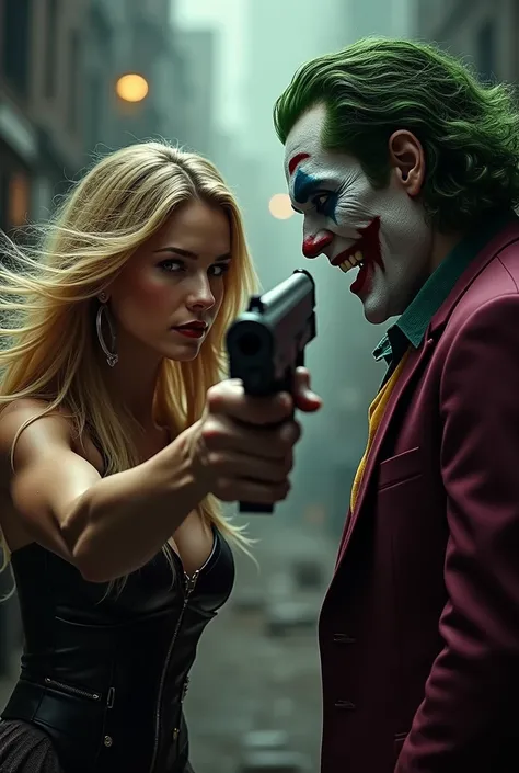  Beautiful yellow-haired woman pointing a shotgun at the Jokers head