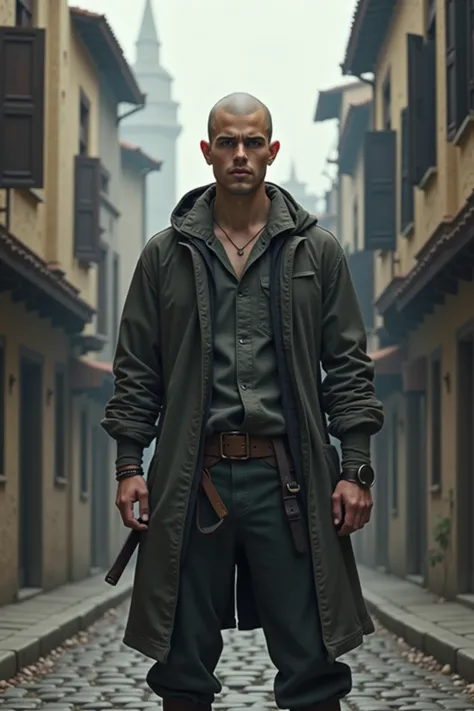 A young man with a bald head , theres an aura of death around his body, in casual clothes in the fantasy world,  stands in the middle of a deserted street of a medieval fantasy city