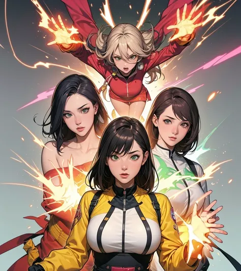 A brave and daring image of the six-woman Ranger team, Each is decorated with the following vibrant colors:: neon pink, mustard Yellow, Fire engine red, plasma violet, Fluorescent Green, shocking yellow. A dynamic pose with a background that oozes energy a...