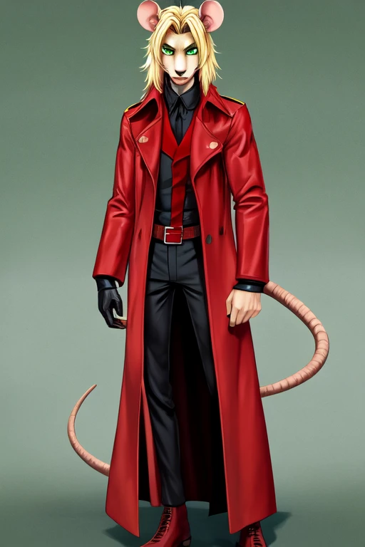 Anthro furry rat man. Tall, blonde fur and hair. Green eyes. Wears a red trench coat, black gloves. Slender, toned body. 