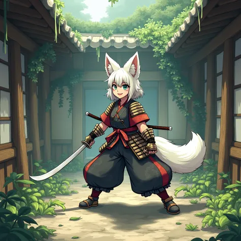 Youmu Konpaku from Touhou project, with fox ears and a fox tail whose fur is white with a little green, wearing a visibly time-worn samurai armor while practicing with her katana in an old Japanese temple that is partially consumed by vegetation, Drawn in ...