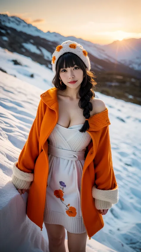 ,(3D Realistic Photography:1.3),(Make the subject look three-dimensional with the contrast of light and shadow),(((With the sunset in the background))),(((Winter snowy mountain climbing scenery:1.3))),cute and beautiful adult woman,Cute round face,Cute smi...