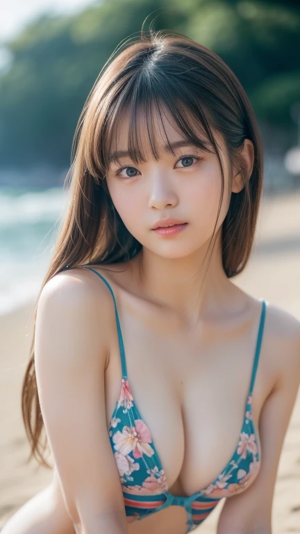 （8k、 live action、 RAW photos 、 top quality、  masterpieces during breakfast ：1.2),(summer,  glossy lips on the beach , like a crucifix :1.2),((  perfect lighting  )),( wet hair ), watching the audience,((sensual pose:1.2))、 strong,( erotic ),18 years old,st...