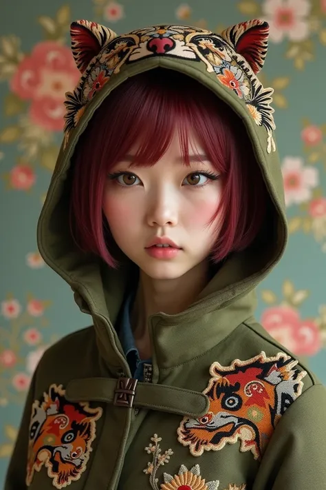 Modern Mongolian-American woman with sharp features, short wine-red hair, wearing an olive-green winter jacket adorned with embroidered tigers, dragons, symbols, and unique patterns. Hood features an animal face design. Styled in cool street fashion, with ...