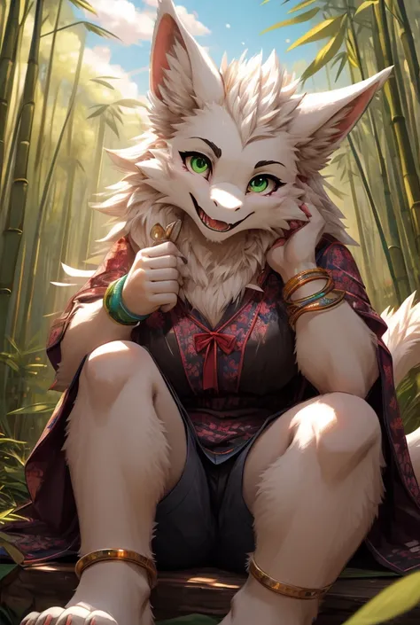 Alone,(furred dragOn),Mature,woman,((White fur)),Fluffy fur,dragOn horns,green_eye,猫のeye,Tail,good looking,nail,Digital,Sitting_On_rock,,Low Leg,pink pawpads,blouse,short_shorts,anklet,bracelet,during,clothing deTails,bamboo forest,Cinematic Lighting,Cumul...