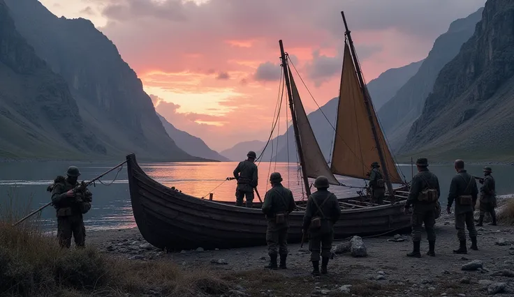 A group of soldiers on the riverbank constructing wooden boats. The river flows calmly under the twilight sky, and the surrounding landscape is rugged and strategic. Soldiers are seen carrying ropes, setting sails, and coordinating logistics.
