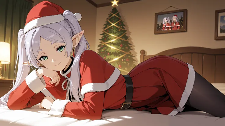(masterpiece), best quality, absurdres, very aesthetic, looking at the viewer, nice hands, 1 girl,zzFrieren, long hair, smile, twintails, green eyes, grey hair, pointy ears, elf, zzFrieren, long hair, twintails, green eyes, grey hair, pointy ears, elf, sh...