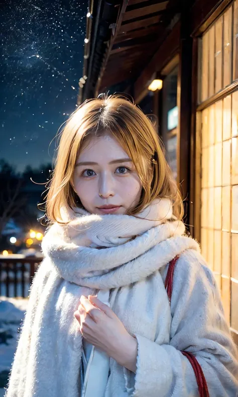 (  Snow is falling、 blue eyes、 blue eyes、white winter clothes、Admire the night sky in a frigid region、Im wearing a fluffy red scarf、Her breath is white expression 、A woman looking at the starry sky、 Night Background 、that&#39;Outside at night)、(    plump b...