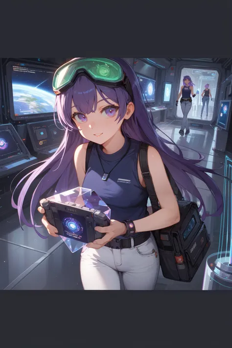 Holding large ontx crystal shard, walking leaning forward, gloves, Girl with purple eyes, purple hair, long hair, swept, bangs, thin, goggles on head, wearing dark blue tank top, white jeans, utility belt, tv screens in background, window showing planet an...