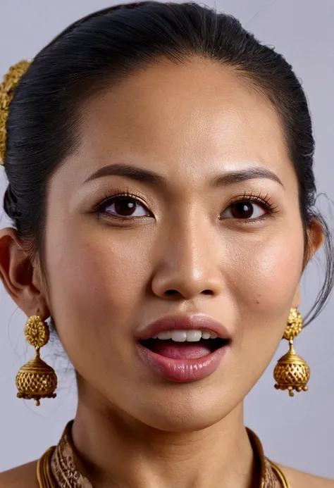 Ultra detailed photo of javanese woman, beautiful girl, highest quality realistic skin, eyes in focus, 40 years old, focus on mouth, open mouth, saliva, open mouth wide, inside of mouth visible, ponytail hair, mouth open wide, uvula visible, turn the face ...