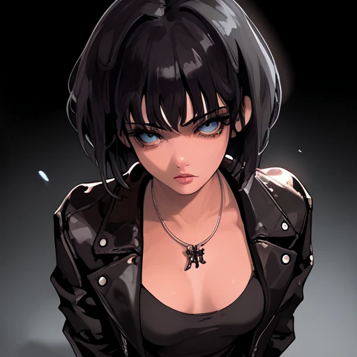  Female anime character, Leather jacket, Short Hair ,negro, and a long crossed necklace and a short hair bedroom background, Ojos rojos, black hair, breasts, breasts grandes, from above.