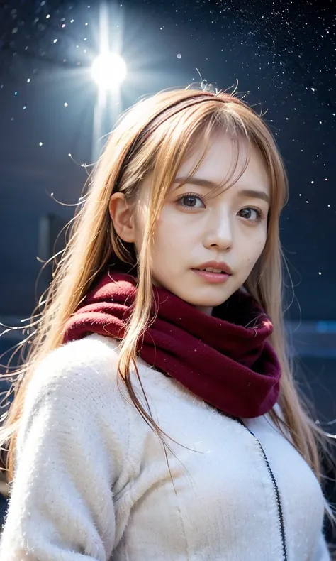 (  Snow is falling、 blue eyes、 blue eyes、white winter clothes、Admire the night sky in a frigid region、Im wearing a fluffy red scarf、Her breath is white expression 、A woman looking at the starry sky、 Night Background 、that&#39;Outside at night)、(    plump b...