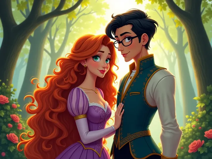  Create a Rapunzel with red curls and a brunette with glasses, and create José Bezerra  (prince)  as if she were a woman with short hair around her neck .
