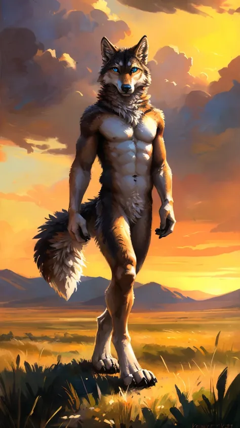 ((Solo)), male people, coyote, (Multi-colored fur, White-brown:1.3), ((Wolf face, White hair, Big eyes, White eyelids, Blue pupil, Slim:1.2) (Tough, Calm expression:1.2)), Abs, Slim, pinging)), (Correct anatomy), A big tail，Feet，Longer torso，Well-proportio...