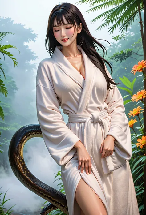 ( HD Animation Details )，2023 Animation ， Excellent Animation Quality ， Excellent Animation Quality ， Detailed Wallpaper ，(masterpiece)，(Medium field of view),  unique ，( A Woman Approaching a Black Python:1.2)， pretty face ， Thin Black Long Hair ， neat ba...