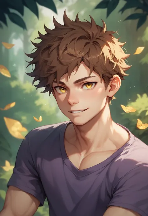 One teenage human boy, male, young, toned build, fair skin, gold eyes, brown hair, messy hair, purple shirt, white toga, in a forest 