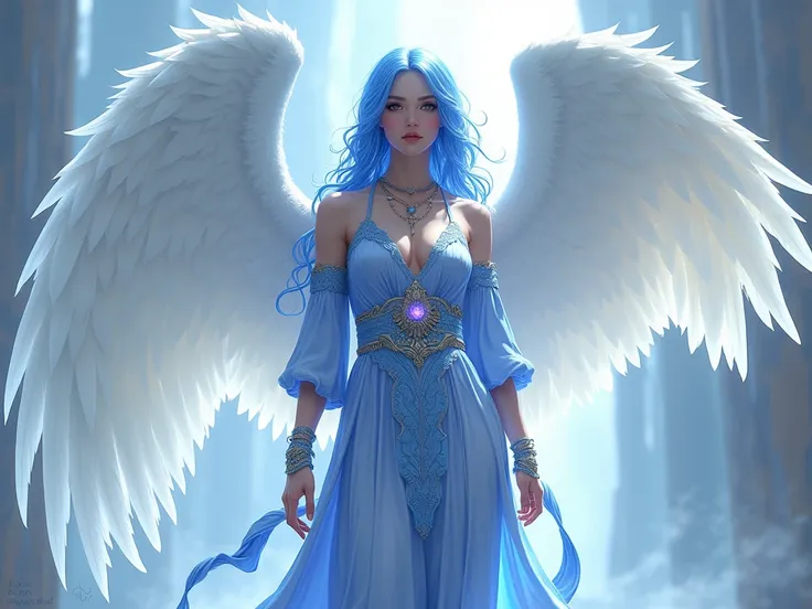 imagine, An RPG angel , d&d 5e,  looks like a 30-year-old Russian woman , with 1,70m high,  very athletic body ,  sky-colored blue hair , Wear light blue robes with lilac ornaments and ornaments,   has long wings with beautiful white feathers . 