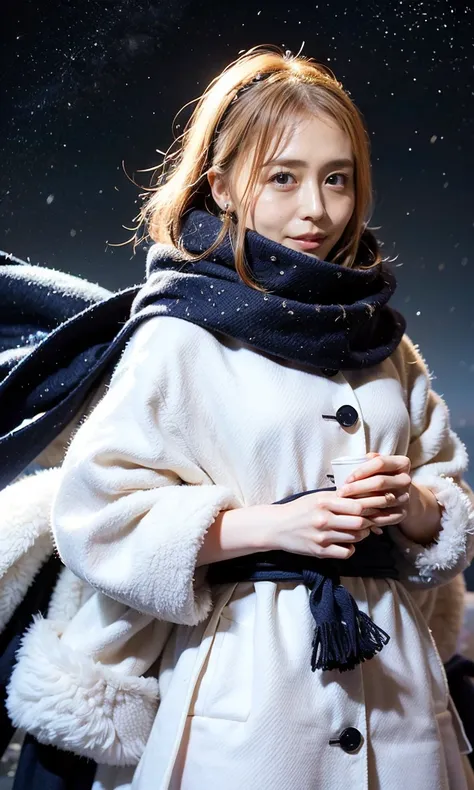 (  Snow is falling、 blue eyes、 blue eyes、white winter clothes、Admire the night sky in a frigid region、Im wearing a fluffy red scarf、Her breath is white expression 、A woman looking at the starry sky、 Night Background 、that&#39;Outside at night)、(    plump b...