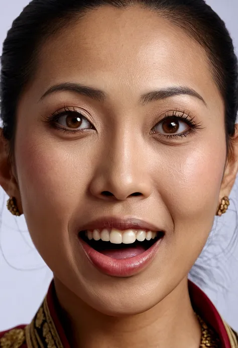 Ultra detailed photo of javanese woman, beautiful girl, highest quality realistic skin, eyes in focus, 40 years old, focus on mouth, open mouth, saliva, open mouth wide, inside of mouth visible, ponytail hair, mouth open wide, uvula visible, turn the face ...