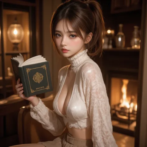 Cat ears、white thick turtleneck 、 beige fluffy flared skirt、reading、  attractive,   pretty girl, ponytail、  ((   fine facial features  , makeup、 eroticism)),   Dramatic Lighting    ,  realistic , 8k,     Dramatic Shadows  ,    intricate and elaborate patte...