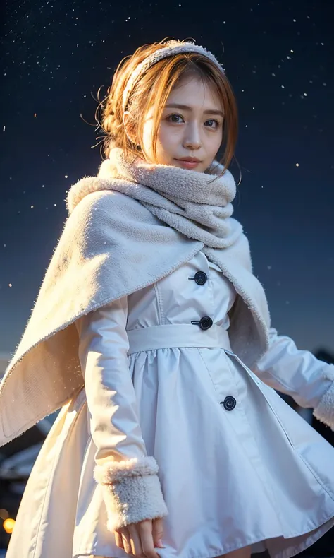 (  Snow is falling、 blue eyes、 blue eyes、white winter clothes、Admire the night sky in a frigid region、Im wearing a fluffy red scarf、Her breath is white expression 、A woman looking at the starry sky、 Night Background 、that&#39;Outside at night)、(    plump b...