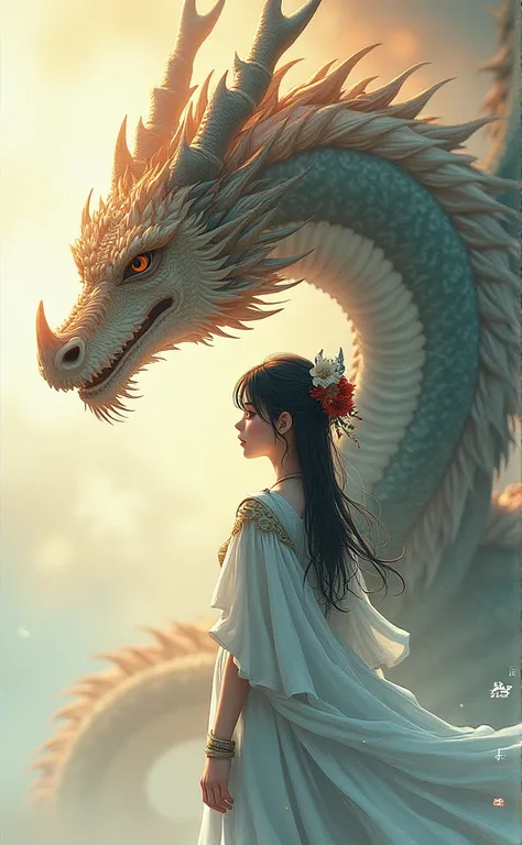 ((style:Colored pencil,pale colour))、(anime)、(masterpiece:1.2),atmospheric perspective,lens flare、Dragon、Dragon Tribe Girl、Otherworldly fantasy、cute、Dragon on background、A detailed depiction of the girl、Detailed depiction of the dragon