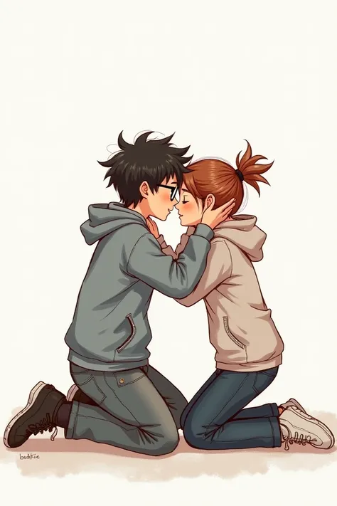 A boy with glasses and sexy messy hairstyle on ground on his knees, wearing a hoodie. His girlfriend holding his cheeks. Wearing a hoodie too. Sketch art style