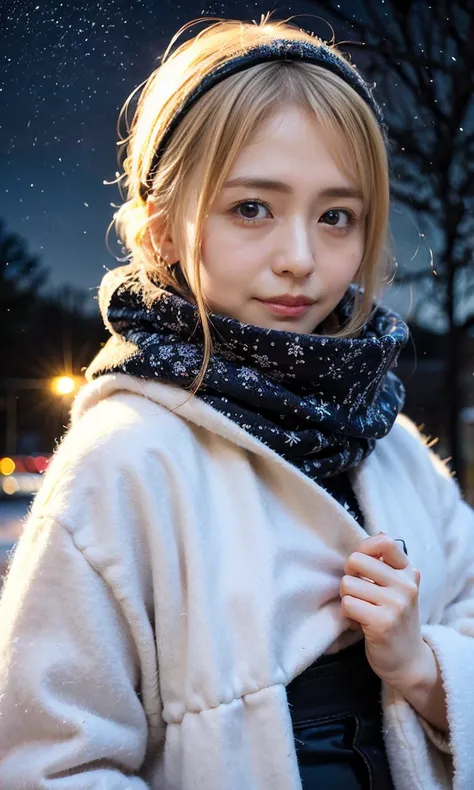 (  Snow is falling、 blue eyes、 blue eyes、white winter clothes、Admire the night sky in a frigid region、Im wearing a fluffy red scarf、Her breath is white expression 、A woman looking at the starry sky、 Night Background 、that&#39;Outside at night)、(    plump b...